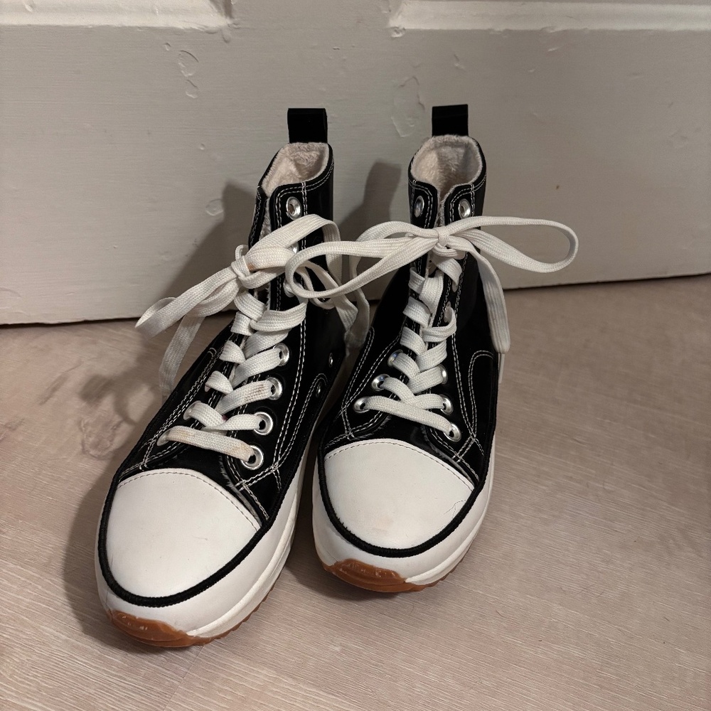 Chunky Platform High-Top Sneakers - Black & White - Size 6